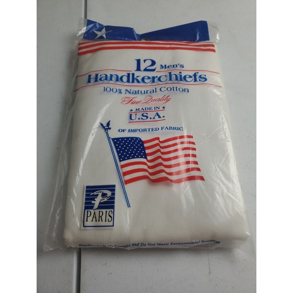 Vintage Men's Handkerchiefs 12 Pack 100% Natural Cotton White Paris 16" Made USA